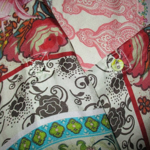 JOHNNY WAS Multi-Color Multi-Pattern Rayon Roll-Tab Sleeve Tunic Blouse - Picture 5 of 6